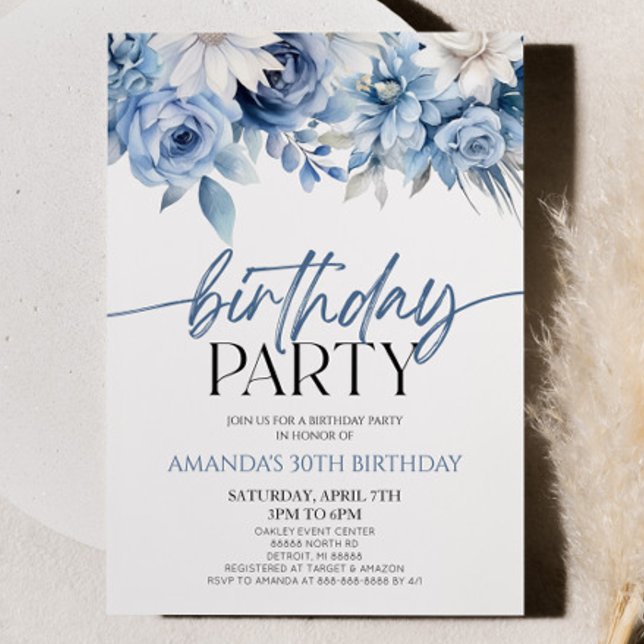 Elegant Dusty Blue Floral Flowers Birthday Party Invitation (Creator Uploaded)