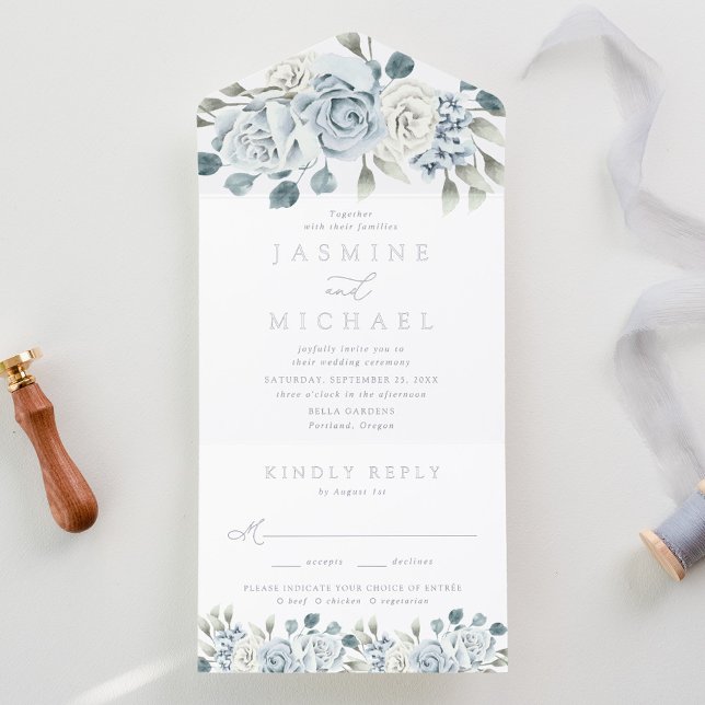 Elegant Dusty Blue Floral Foil Wedding All In One Invitation (Creator Uploaded)