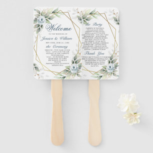 Elegant Dusty Blue Floral Foliage Wedding Program Hand Fan