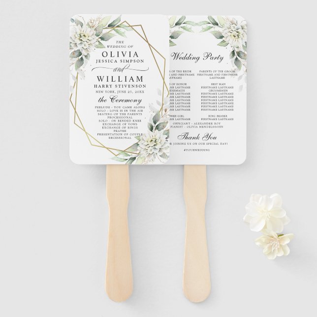 Elegant Dusty Blue Floral Foliage Wedding Program Hand Fan (Front and Back)