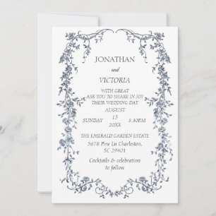 Elegant Dusty Blue Floral Frame Wedding Invitation