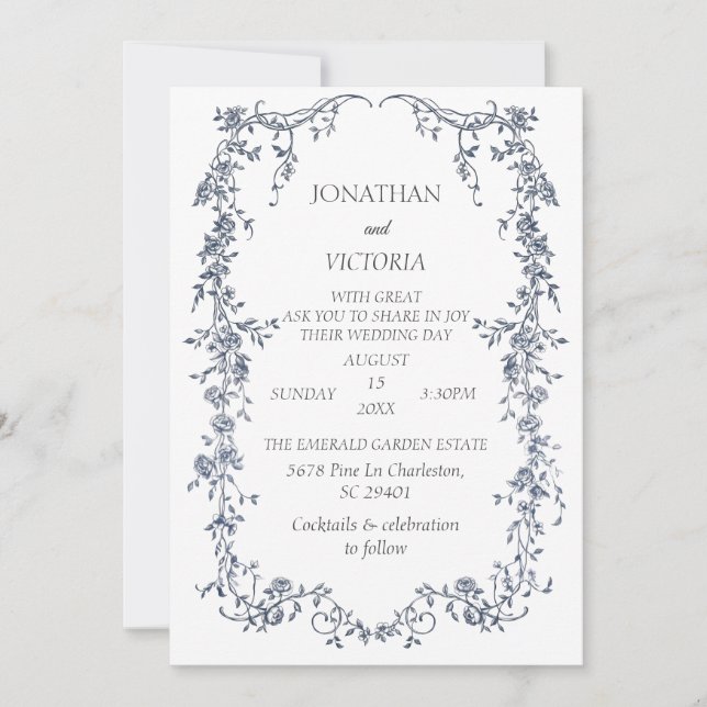 Elegant Dusty Blue Floral Frame Wedding Invitation (Front)