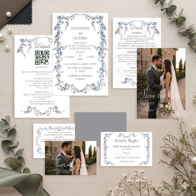 Elegant Dusty Blue Floral Frame Wedding Invitation (Creator Uploaded)