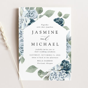 Elegant Dusty Blue Floral Frame Wedding Invitation