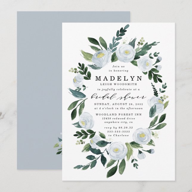 Elegant Dusty Blue Floral Garden Bridal Shower Invitation (Front/Back)