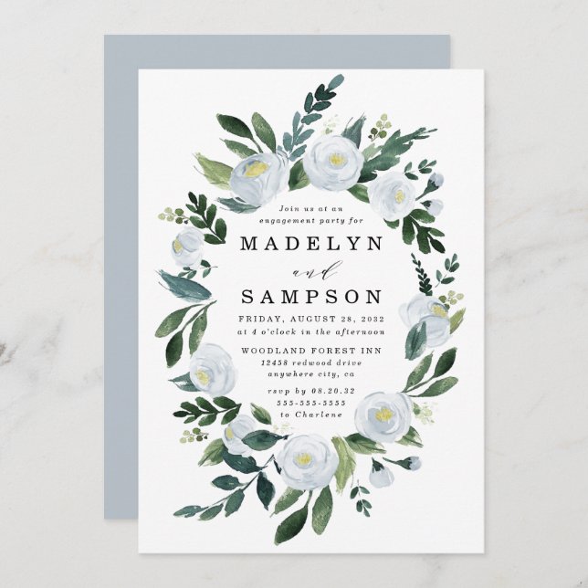 Elegant Dusty Blue Floral Garden Engagement Party Invitation (Front/Back)