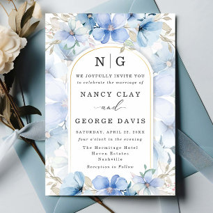 Elegant Dusty Blue Floral Garden Monogram Wedding Invitation