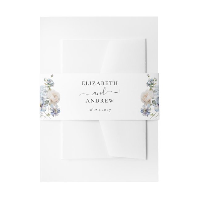 Elegant Dusty Blue Floral Garden Wedding Invitation Belly Band (Front Example)