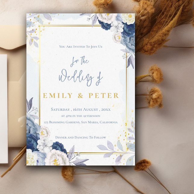 Elegant Dusty Blue Floral Gold Border Wedding Invitation (Elegant Dusty Blue Floral Gold Border Wedding Invitation)