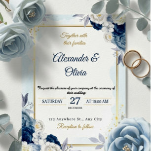 Elegant Dusty Blue Floral Gold Frame Wedding  Invitation