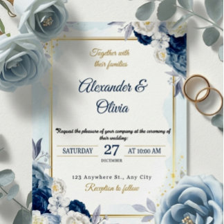 Elegant Dusty Blue Floral Gold Frame Wedding Invitation