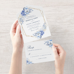 Elegant Dusty Blue Floral Gold Geometric Wedding All In One Invitation