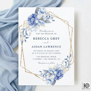 Elegant Dusty Blue Floral Gold Geometric Wedding Invitation