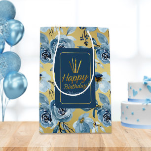 Elegant Dusty Blue Floral Gold Happy Birthday Medium Gift Bag