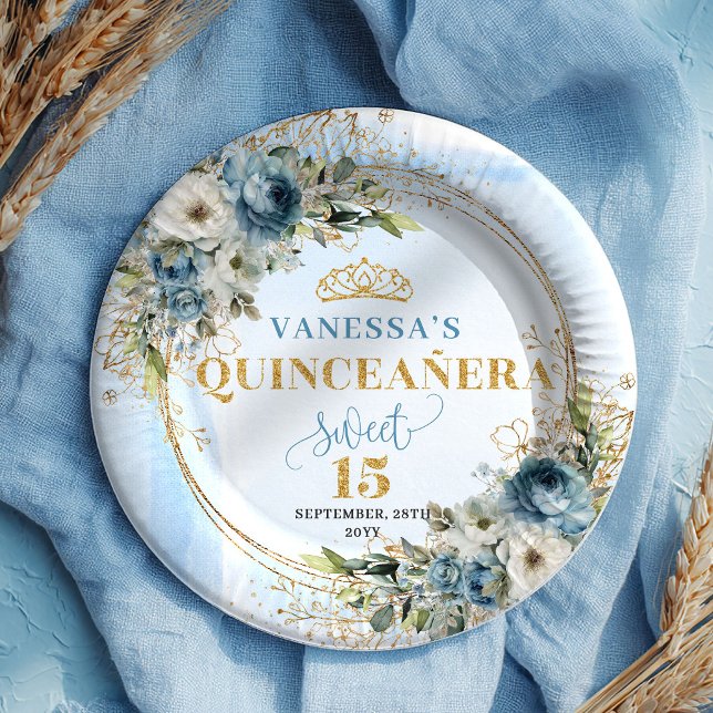 Elegant Dusty Blue Floral Gold Quinceañera Plates (Elegant Dusty Blue Floral Gold Quinceañera Plates)