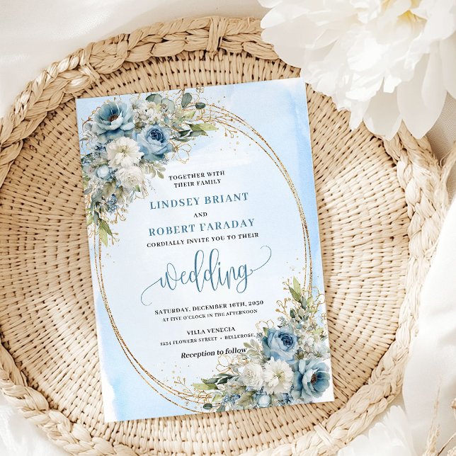 Elegant Dusty Blue Floral Gold Wedding Invitation (Elegant Dusty Blue Floral Gold Wedding Invitation)