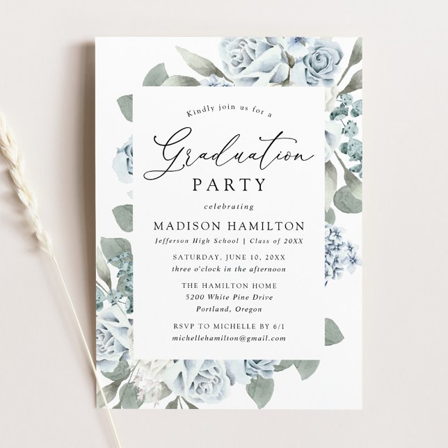 Elegant Dusty Blue Floral Graduation Party Invitation (Creator Uploaded)
