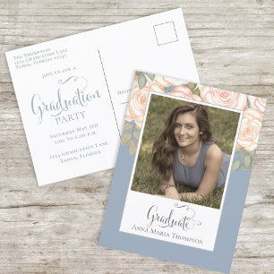 Elegant Dusty Blue Floral Graduation Photo Card