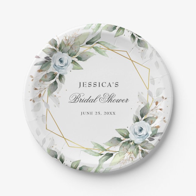 Elegant Dusty Blue Floral Greenery Bridal Shower Paper Plate (Front)