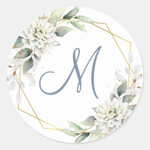 Elegant Dusty Blue Floral Greenery MONOGRAM Classic Round Sticker