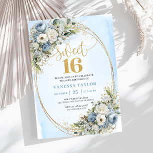 Elegant Dusty Blue Floral Greenery Sweet Sixteen  Invitation