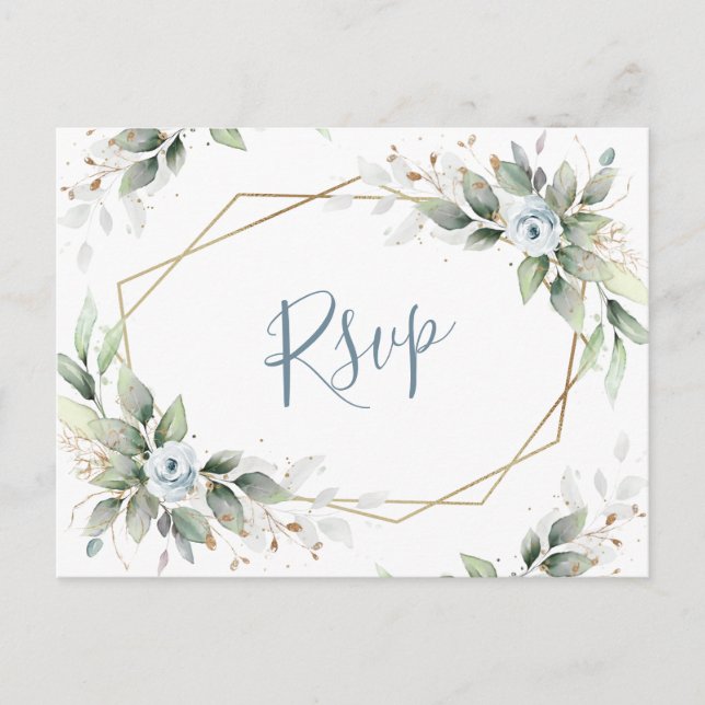 Elegant Dusty Blue Floral Greenery Watercolor RSVP Postcard (Front)