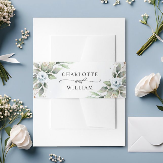 Elegant Dusty Blue Floral Greenery Wedding Invitation Belly Band (Creator Uploaded)