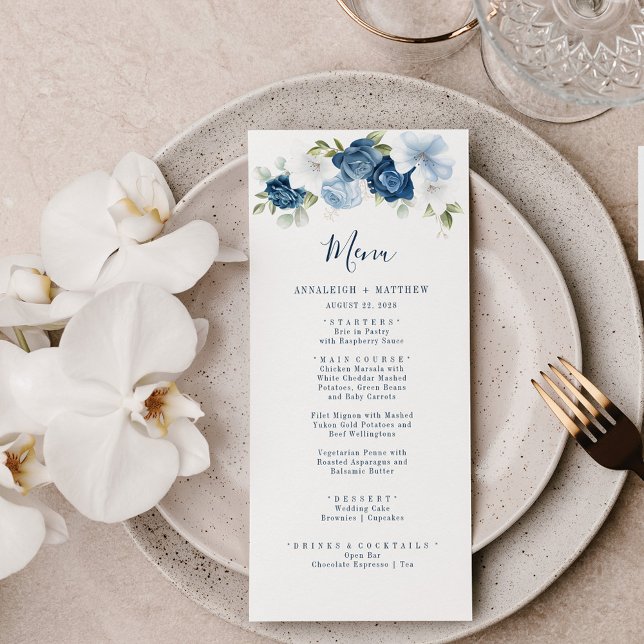 Elegant Dusty Blue Floral Greenery Wedding Menu (Creator Uploaded)