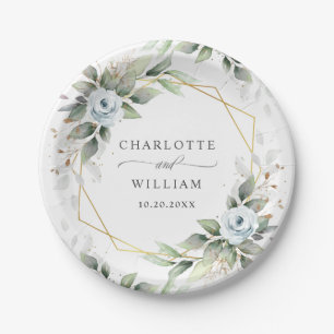 Elegant Dusty Blue Floral Greenery Wedding Paper Plate