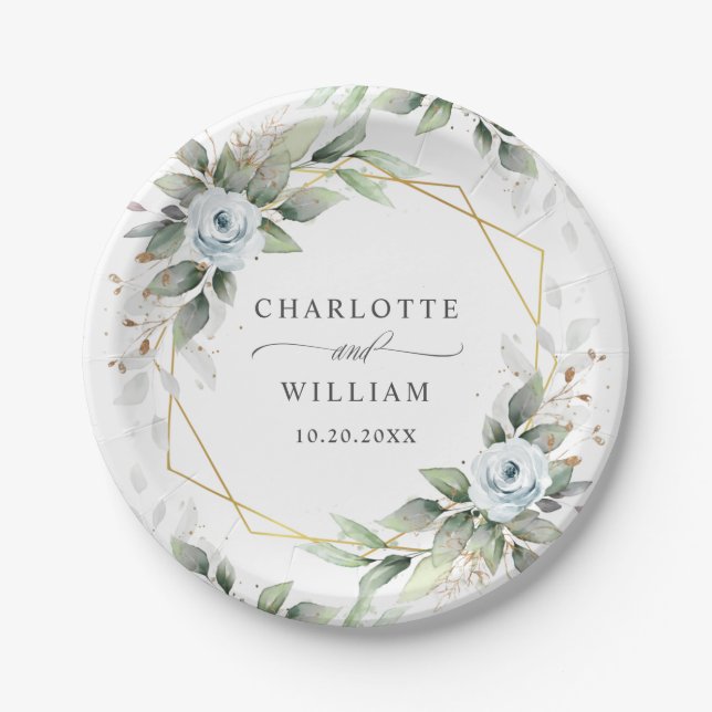 Elegant Dusty Blue Floral Greenery Wedding Paper Plate (Front)