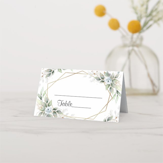 Elegant Dusty Blue Floral Greenery  Wedding Table Place Card (Front)