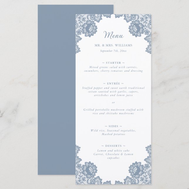 Elegant Dusty Blue Floral Lace Wedding Menu (Front/Back)