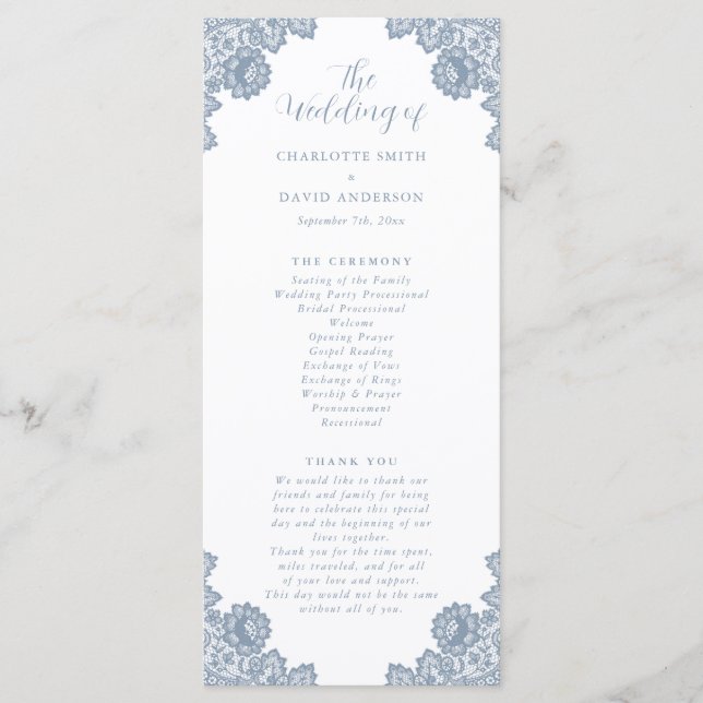 Elegant Dusty Blue Floral Lace Wedding Programme (Front)