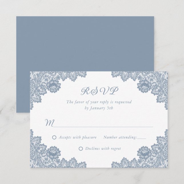 Elegant Dusty Blue Floral Lace Wedding RSVP Card (Front/Back)