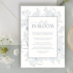 Elegant Dusty Blue Floral Line Art Baby In Bloom Invitation