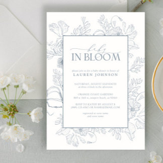Elegant Dusty Blue Floral Line Art Baby In Bloom Invitation