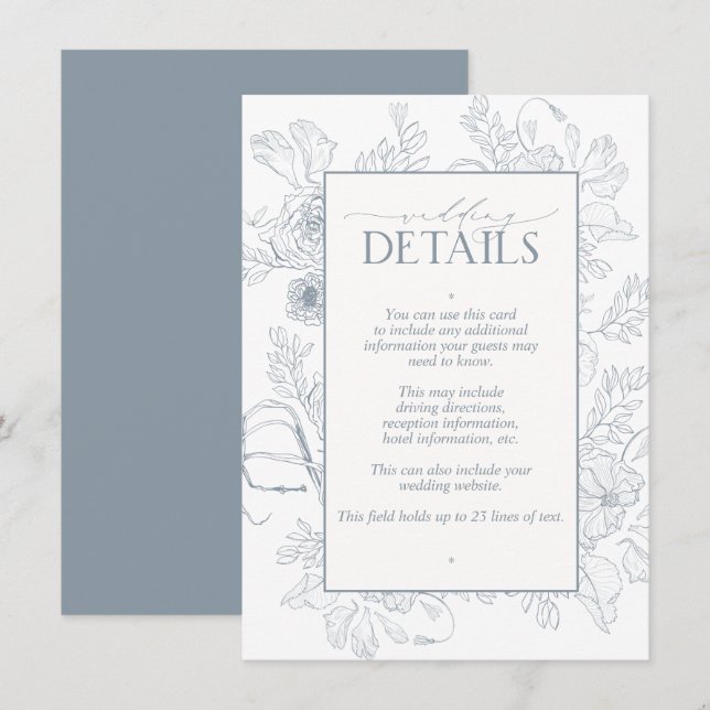 Elegant Dusty Blue Floral Line Art Wedding Details Enclosure Card (Front/Back)