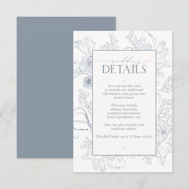 Elegant Dusty Blue Floral Line Art Wedding Details Enclosure Card (Front/Back)