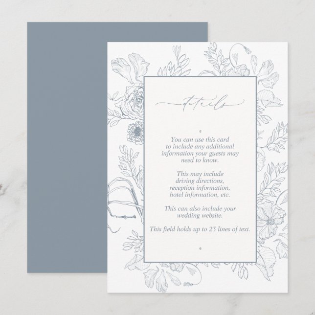 Elegant Dusty Blue Floral Line Art Wedding Details Enclosure Card (Front/Back)