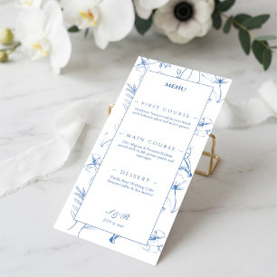 Elegant Dusty Blue Floral Line Art Wedding Menu