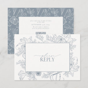 Elegant Dusty Blue Floral Line Art Wedding QR Code RSVP Card