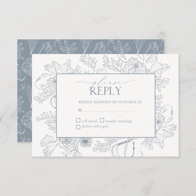 Elegant Dusty Blue Floral Line Art Wedding RSVP Card (Front/Back)