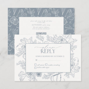 Elegant Dusty Blue Floral Line Art Wedding RSVP Card