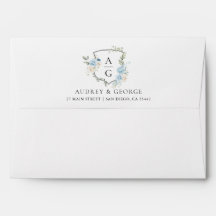 Elegant Dusty Blue Floral Monogram Crest Wedding