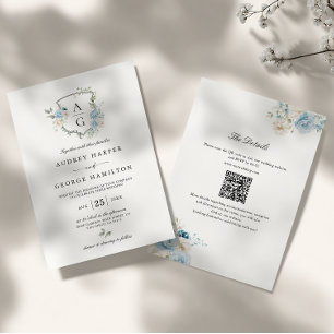 Elegant Dusty Blue Floral Monogram Crest Wedding Invitation