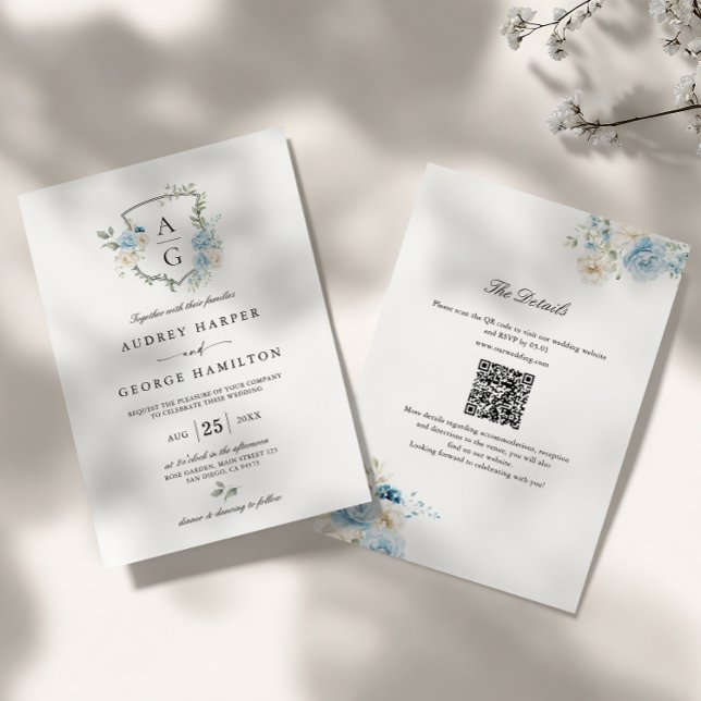 Elegant Dusty Blue Floral Monogram Crest Wedding Invitation (Creator Uploaded)