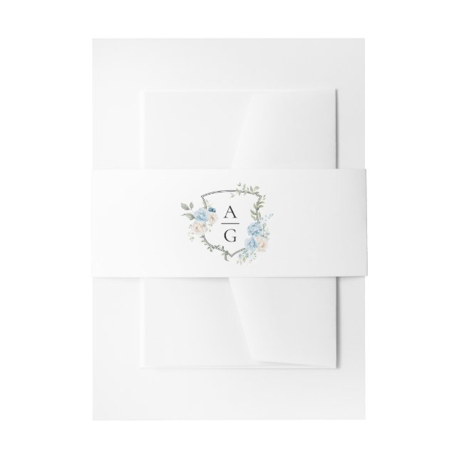 Elegant Dusty Blue Floral Monogram Crest Wedding  Invitation Belly Band (Front Example)