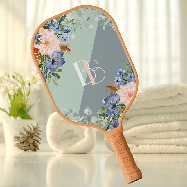 Elegant Dusty Blue Floral Monogram   Pickleball Paddle (Creator Uploaded)