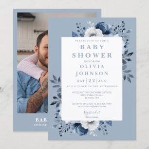 Elegant Dusty Blue Floral Photo Baby Shower Invitation