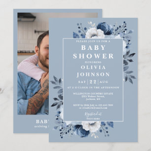 Elegant Dusty Blue Floral Photo Baby Shower Invitation